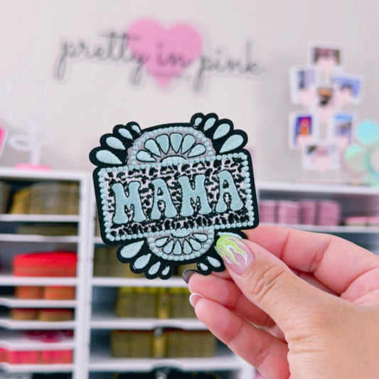 Turquoise Cheetah Print Mama - Embroidered Patch