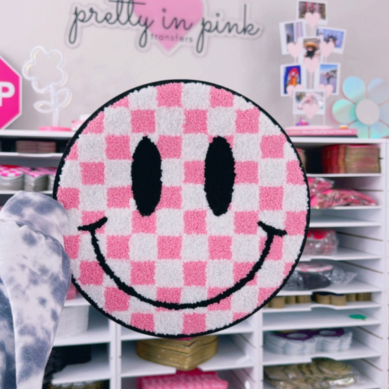 Pink Checkered Smiley - Chenille Patch