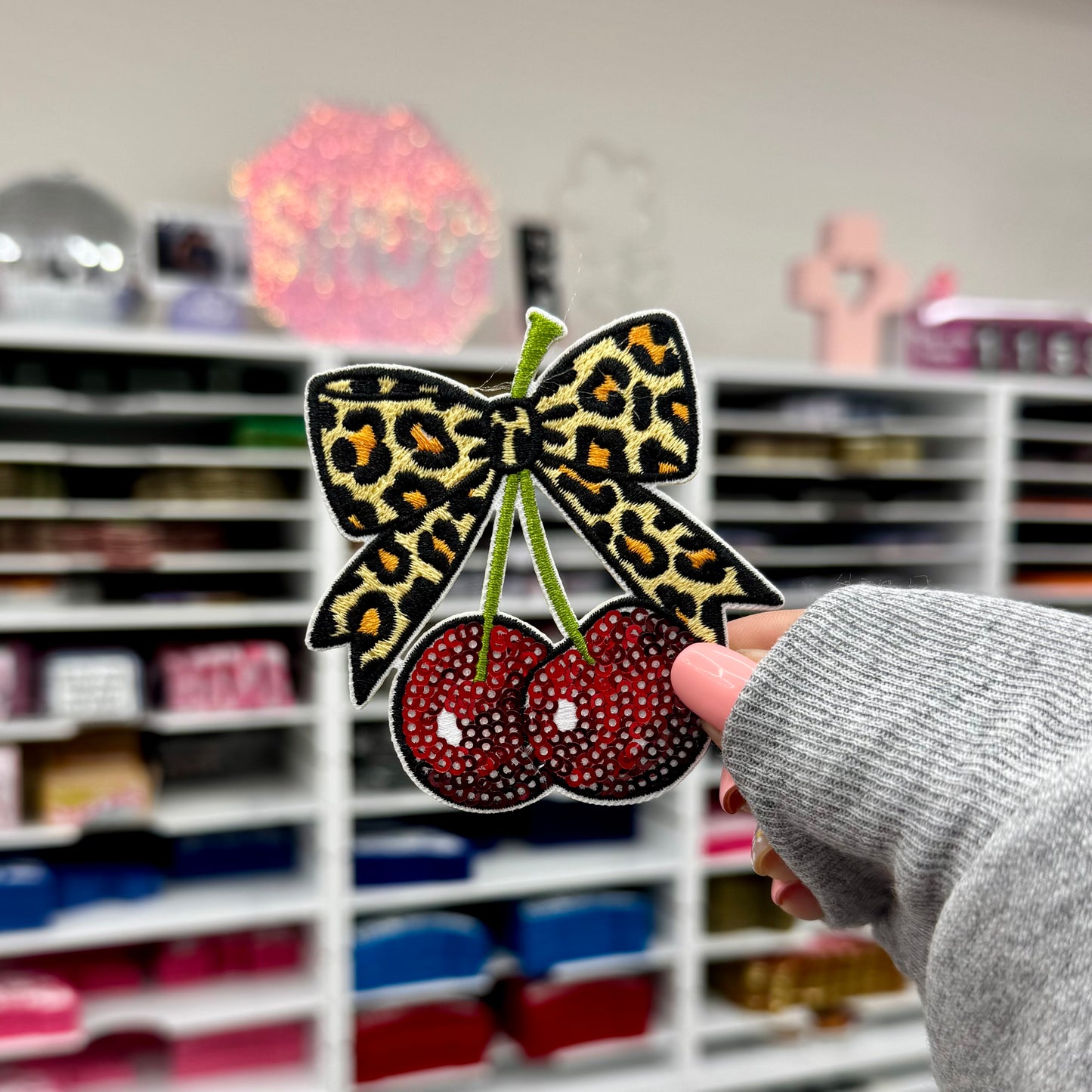 Cheetah Bow Cherries - Sequin & Embroidered Patch