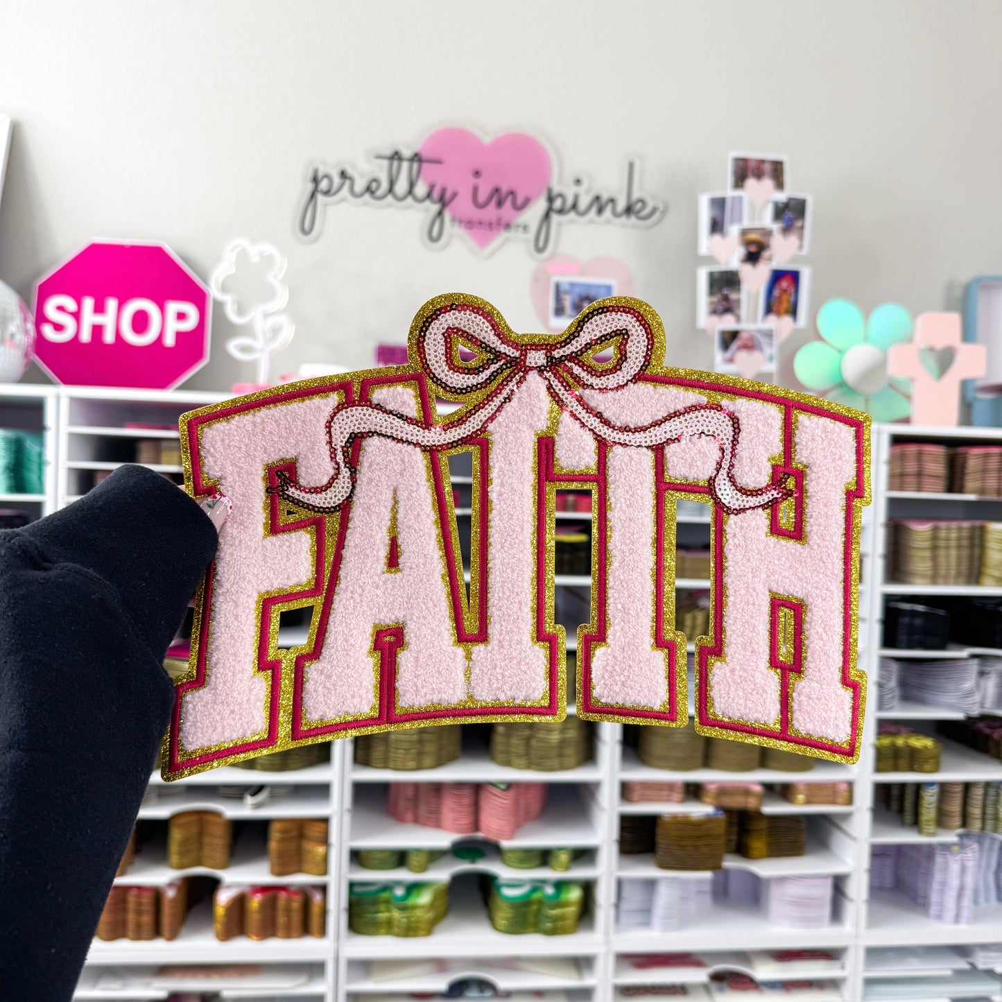 Pink Bow Faith - Chenille + Sequin Patch