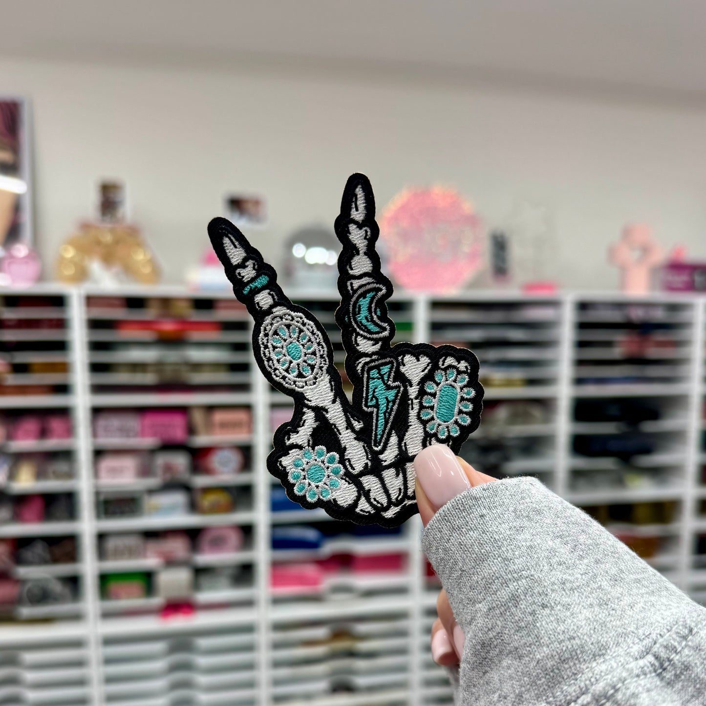 Peace Sign Turquoise Skeleton Hand - Embroidered Patch