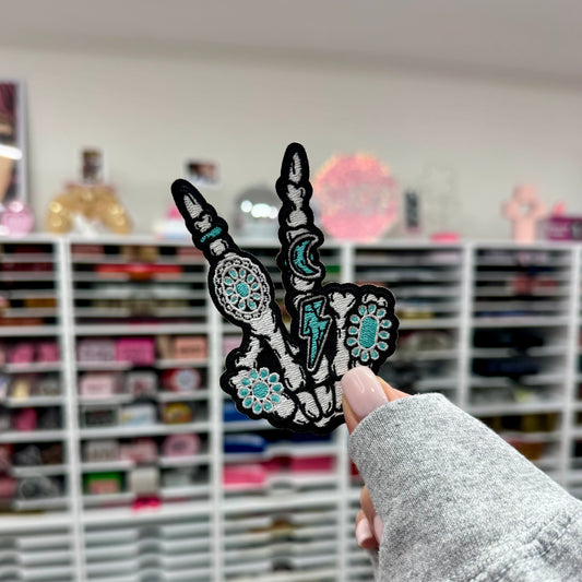 Peace Sign Turquoise Skeleton Hand - Embroidered Patch