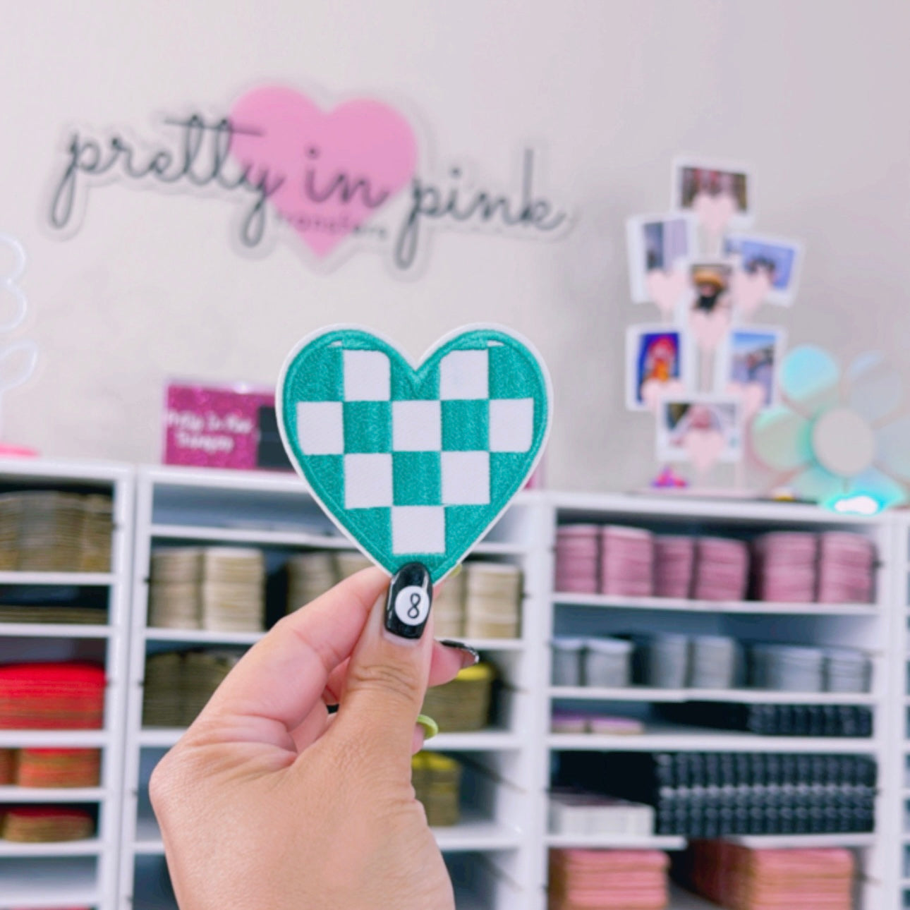 Teal & White Checkered Heart - Embroidered Patch