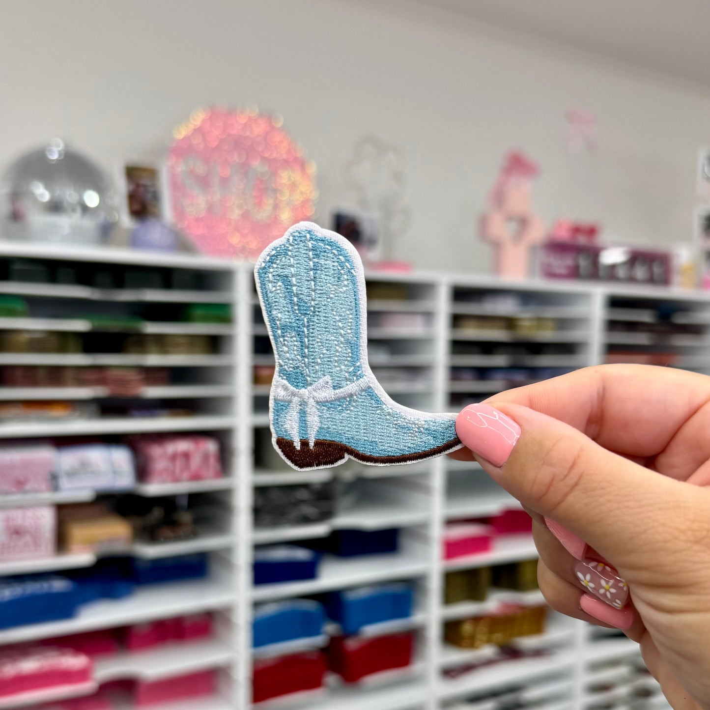 Light Blue Boot & Bow - Embroidered Patch