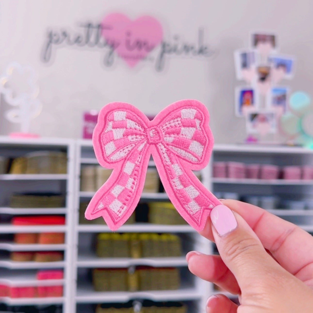 Pink Checkered Bow - Embroidered Patch