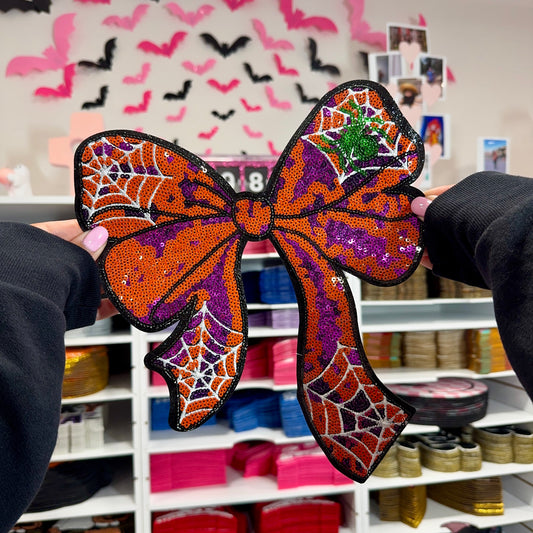 Orange Spider Web Bow - Sequin Patch