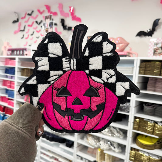 Pink Checkered Jack-O-Lantern - Chenille Patch