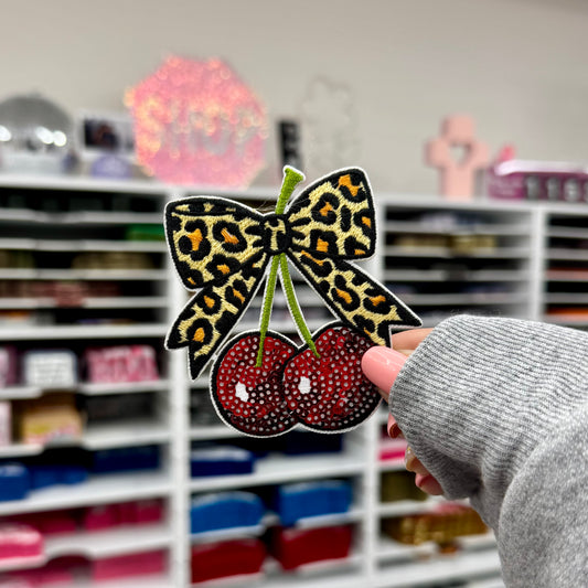 Cheetah Bow Cherries - Sequin & Embroidered Patch