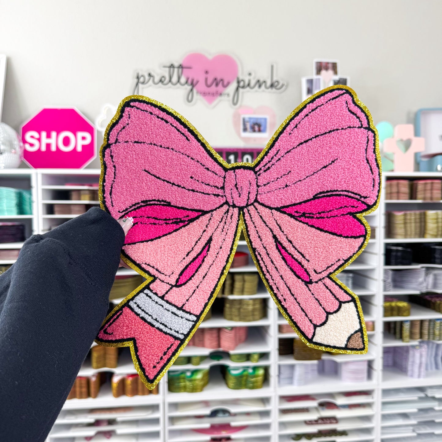Pink Pencil Bow - Chenille Patch
