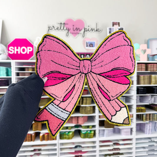Pink Pencil Bow - Chenille Patch